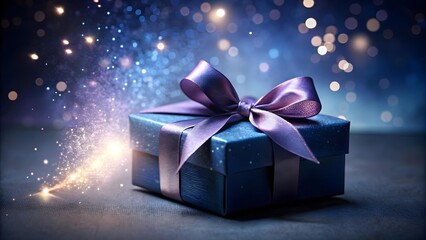 A single dark blue gift box with a purple ribbon sits on a dark surface with magical sparkles