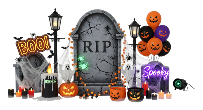 Halloween graveyard scene with tombstone and spooky decorations isolated on white background