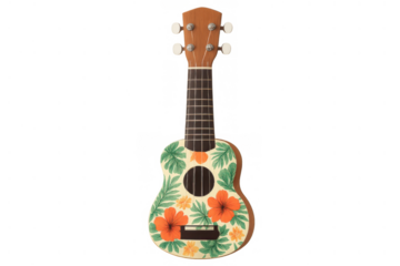 Ukulele instrument displaying tropical floral pattern, representing summer vacation and hawaiian music, transparent background