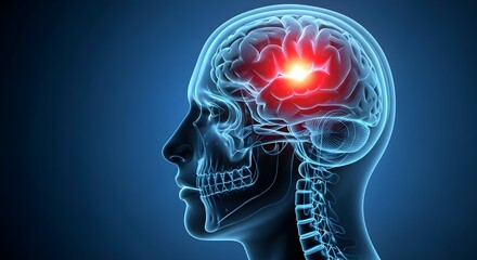 Obraz premium Human Brain with Red Spot on Head, Anatomy of Skull, Brain Illness Diagnostic Medical Scan