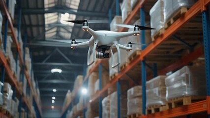 White Drone Flying Inside Warehouse Between Rows of Stored Goods - Powered by Adobe