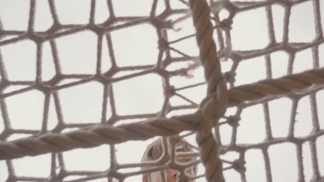 Heavy-duty rope netting forms an intricate pattern of interconnected lines and knots, conveying strength and security.