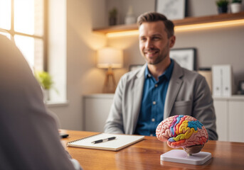 Psychologist consulting patient with brain model in therapy session.