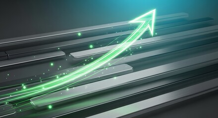 Rising success concept with glowing green arrow over piano keys, achievement and progress.