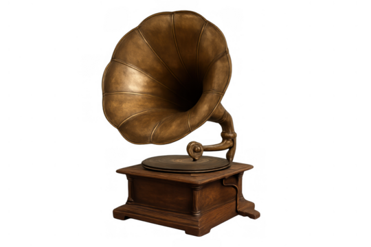 Vintage brass gramophone playing classic tunes, symbolizing antique sound technology and retro entertainment history