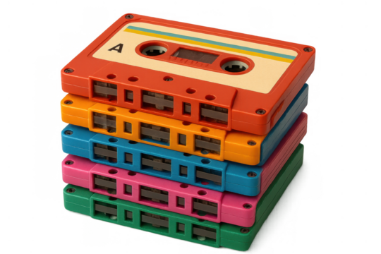Stack of vibrant retro cassette tapes, classic audio format representing 80s and 90s music nostalgia