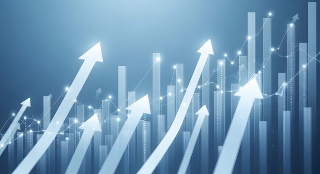 Financial growth concept with glowing arrows and data points on blue background