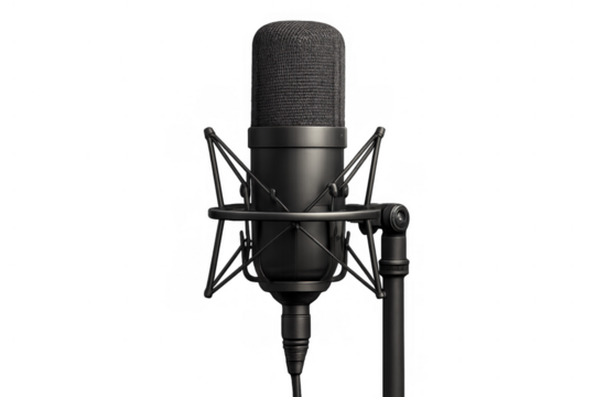Studio condenser microphone for professional audio recording, broadcasting, podcasting, and voice acting, transparent background