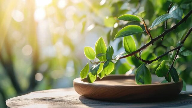 A small plant with green leaves illuminated by sunlight inside a round wooden bowl resting on top of a rough stone table.