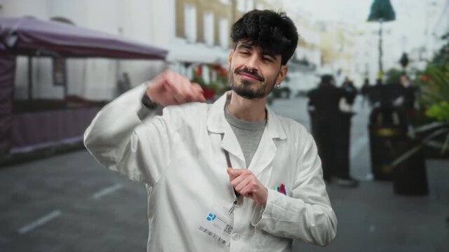 Young man wearing white coat stands confidently on an urban street, exuding a handsome and thoughtful demeanor, with an intriguing pose in the city's outdoor environment.