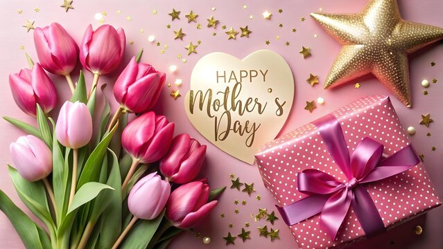 Pink tulips, a gift, and a happy mothers day heart are arranged on a pink background