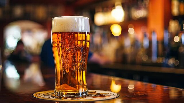 Golden Brew in Focus: An exquisite pint of beer, its foamy head overflowing with refreshing delight, sits elegantly atop a bar. The amber liquid shimmers with bubbles.
