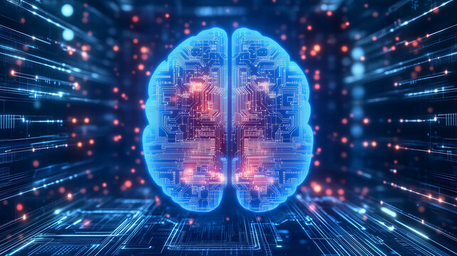 Abstract digital brain with circuit board and glowing elements, symbolizing artificial intelligence technology - Powered by Adobe