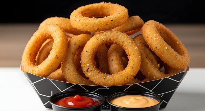 Crispy golden onion rings in a black and white patterned container with two dipping sauces, a classic snack food