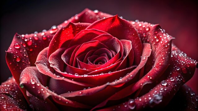 Closeup view of a single, red rose with water droplets on its petals