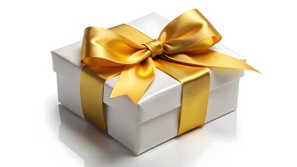 Obraz premium A white gift box with a gold ribbon and bow is isolated on white background