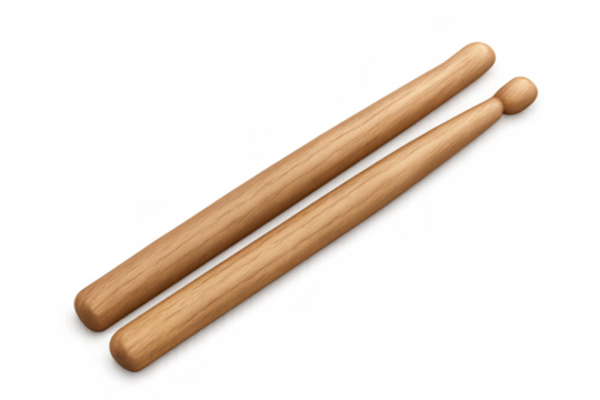 Drumsticks, pair of wooden percussion instruments for playing drums, isolated on transparent background
