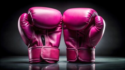 A pair of pink leather boxing gloves rests on a dark surface