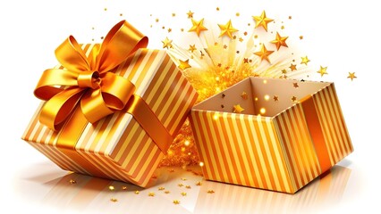 An open gold gift box with a gold ribbon and bow, sparkling stars burst from inside, isolated on white background