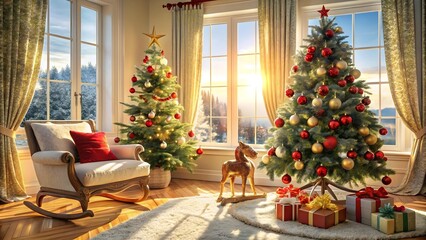 Two decorated christmas trees stand in a sunlit living room, next to a rocking horse and presents