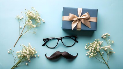 A blue gift box with a beige ribbon, black glasses, and a black mustache are arranged with white flowers on a blue background
