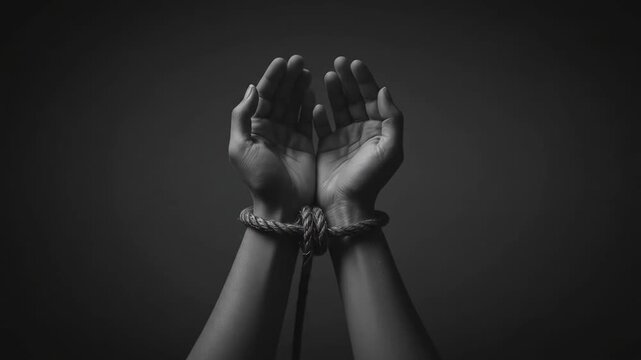 Bound hands raised dark background rope ties wrists monochrome