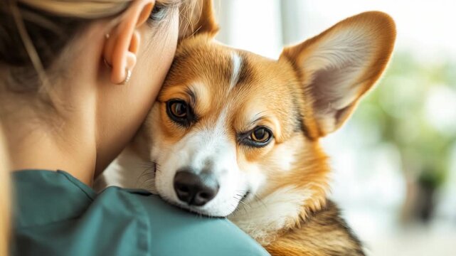 A woman affectionately pets a Corgi dog's head.