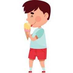 Young Boy Wearing A Light Blue T Shirt And Red Shorts Enjoying A Two Flavor Ice Cream Cone With A Happy Expression And Closed Eyes Against A White Background