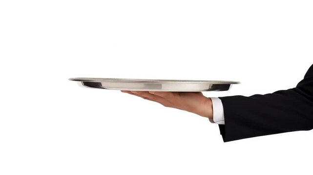Butlers hand in suit holding silver tray against white background