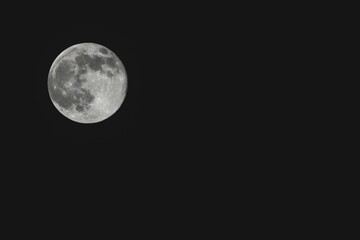 Close-up black and white photograph of the full moon against a dark night sky, showing detailed craters and surface texture.