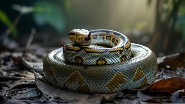 Asiatic reticulated python resting calmly on rock in warm natural habitat