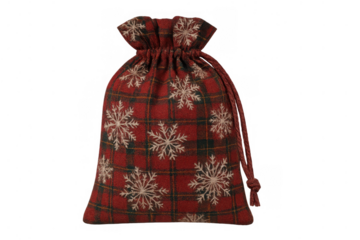 Red plaid christmas gift bag with snowflake embroidery, closed drawstring sack for holiday presents, transparent background
