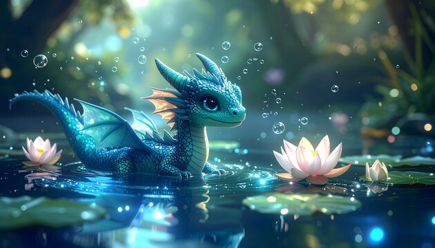 A small, teal dragon rests in a pond amongst lily pads and water lilies, surrounded by magical bubbles and sparkling light.