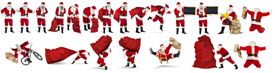 Ultimate set collection collage of santa claus red white various poses situations with a blackboard and copy space or funny traditional isolated background	
