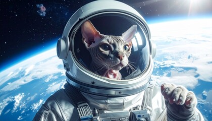 A Sphynx cat wearing a spacesuit and helmet, floating in space with Earth visible in the background.