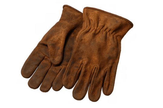 Brown leather work gloves providing hand protection for construction, gardening, or industrial labor with transparent background