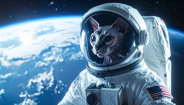 A Sphynx cat wearing an astronaut suit and helmet, floating in space with Earth visible in the background.