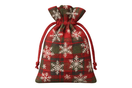 Christmas gift bag with plaid pattern and snowflake design, a festive drawstring pouch for holiday presents
