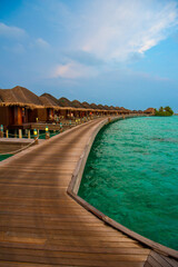 Fototapeta premium Beautiful sunset. Summer vacation, holiday amazing nature. Relax paradise, Maldives. Tropical island beach landscape exotic shore coast. Tranquil closeup calm sea water waves with palm trees. 