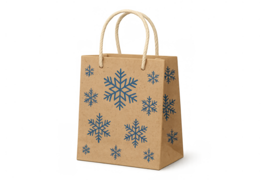 Brown craft paper gift bag presenting snowflakes, representing winter holiday shopping, season's greetings, and gifting