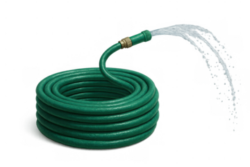 Coiled garden hose spraying water, green watering equipment for gardening and outdoor tasks on transparent background