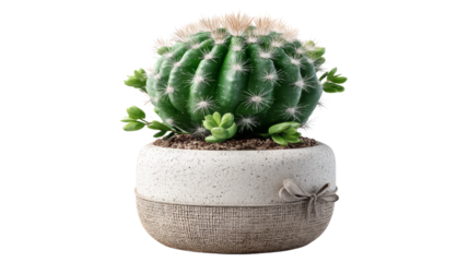 Green Barrel Cactus With Small Succulents In Speckled Pot