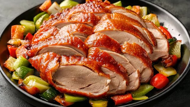 A close-up view of a grilled chicken dish served on a platter with colorful vegetables as garnish.