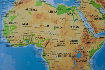 map of africa continent with countries of sudan, south sudan, egypt, libya, chad, niger, congo,...