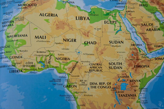 map of africa continent with countries of sudan, south sudan, egypt, libya, chad, niger, congo, etiopia, tanzania, nigeria, algeria, morocco, mali, kenya, camaron, gabon, liberia