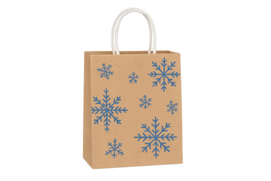 Kraft paper shopping bag with blue snowflakes, winter holiday season gift packaging and retail design concept on transparent background