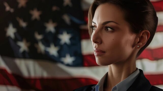 A woman in a suit stands against an American flag backdrop with her eyes closed. She appears confident and thoughtful.