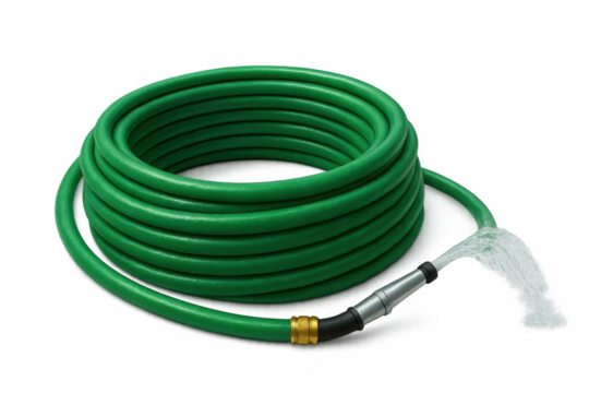 Green garden hose coiled with water spraying from nozzle, gardening equipment on transparent background