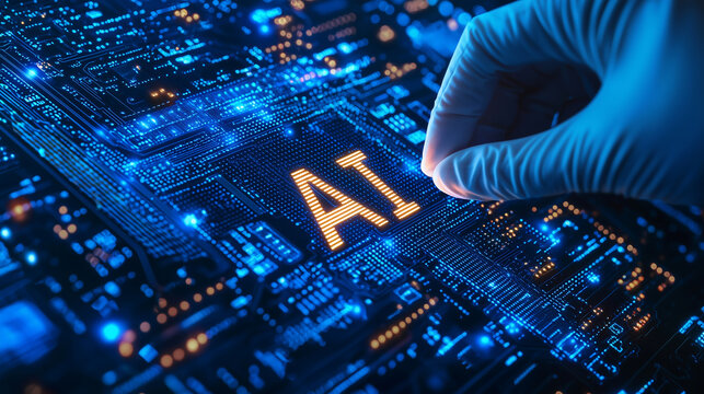 Hand in blue gloves touches a glowing digital chip with the text AI on it