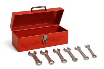 Empty red metal toolbox with wrenches and spanners. Tools for home repair, diy, and mechanic work concept